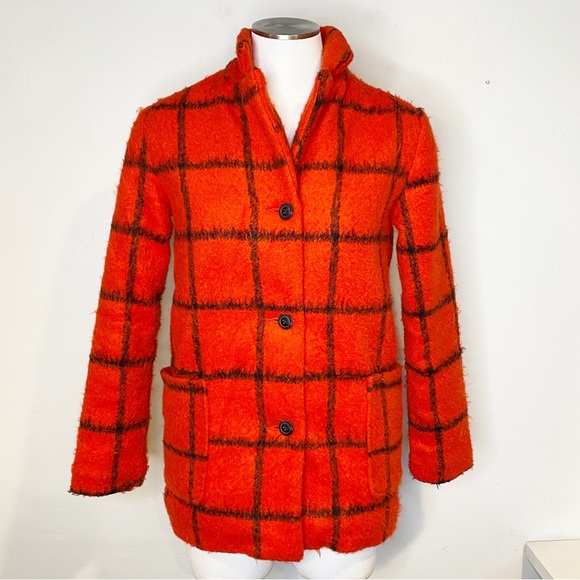 Old Navy | Red Plaid Fuzzy Pea Coat Style Jacket w/ Patch Packets - Picture 1 of 9